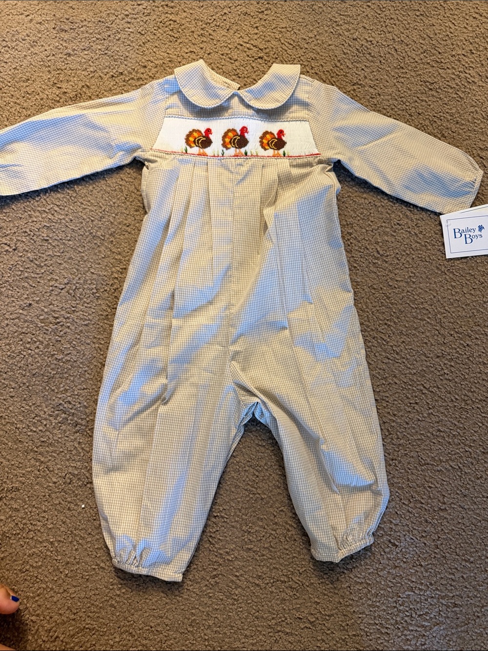 Bailey Boys Blue Gingham Turkey Smocked One-Piece